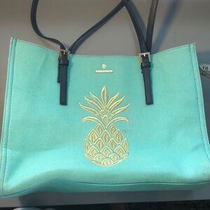 Spartina 449 Natural Linen Aqua and Gold Tote Bag with Pineapple Design